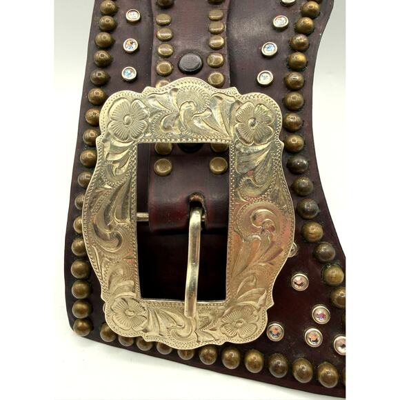 Jose Luis German Silver Buckle Brass & Rhinestone Studded Leather Western Belt main image 5